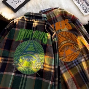 春秋格子衬衫男女美式宽松潮牌眼球绣花毛呢长袖衬衣痞帅情侣外套