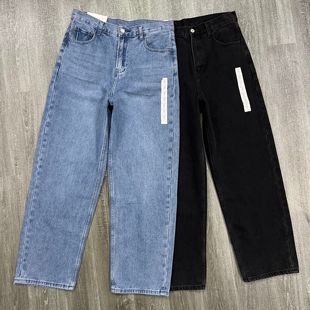 痞帅试衣间黑色阔腿牛仔长裤 男水洗纯棉时尚 潮 宽松直筒牛仔裤 新款