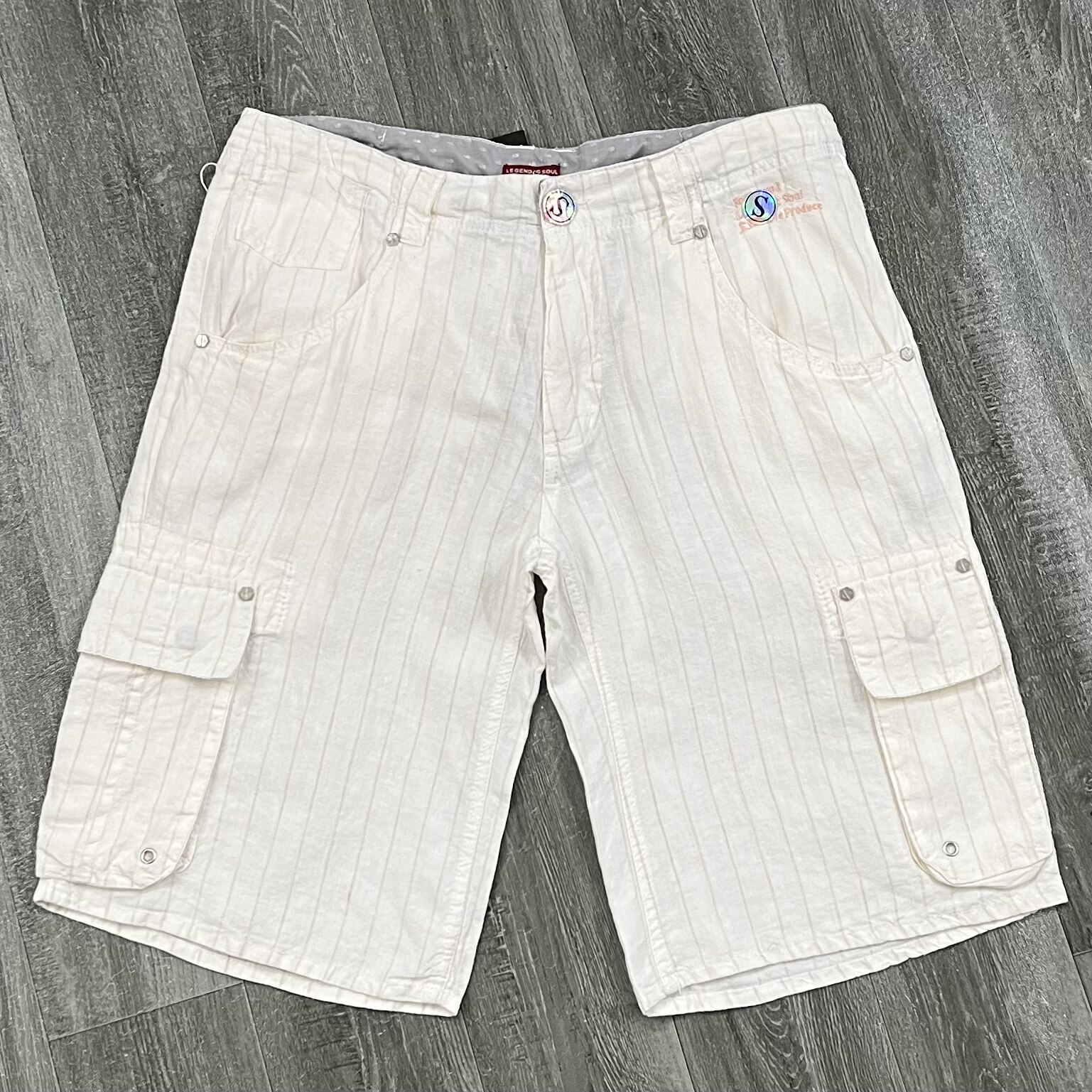 外贸余单纯亚麻工装短裤男夏季多口袋休闲大码条纹五分裤吸湿透气