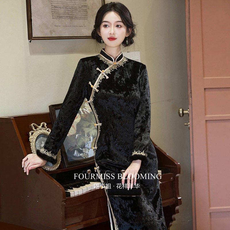 2025新款黑色丝绒加厚长款女