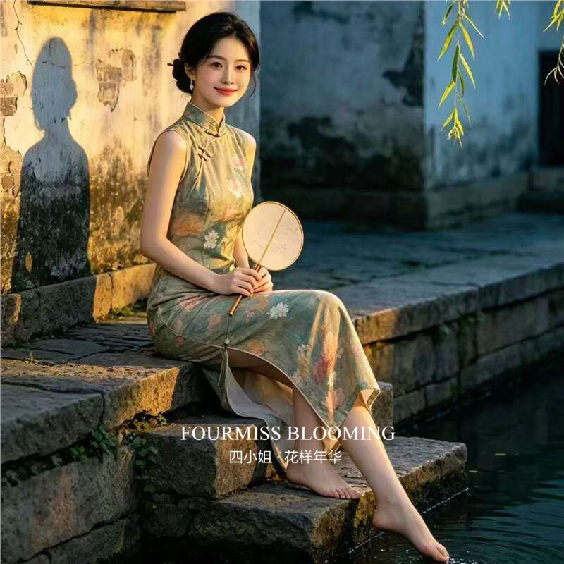 【花样年华】国风旗袍|新中式绿色小碎花气质洋装立领少女无袖长