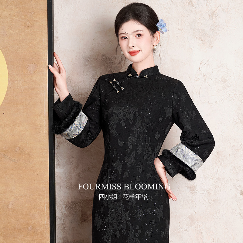 新中式改良长款黑色双层袖