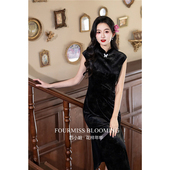 花样年华 显瘦丝绒2026夏季 国风旗袍 黑色无袖 连衣裙春 新中式