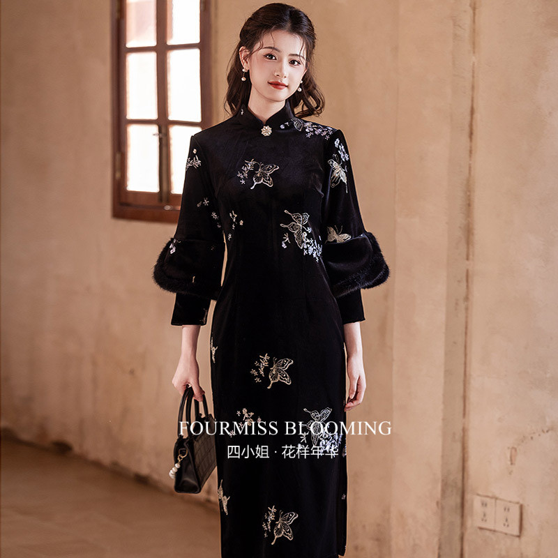 黑色刺绣金丝绒冬装女款
