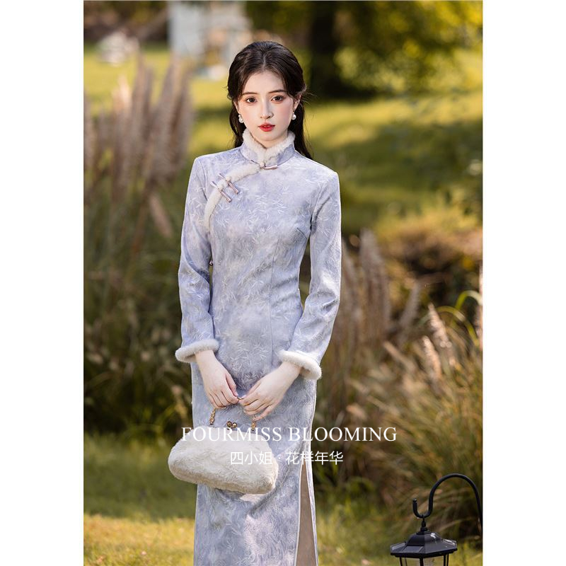 2025冬新款加绒浅紫新中式旗袍