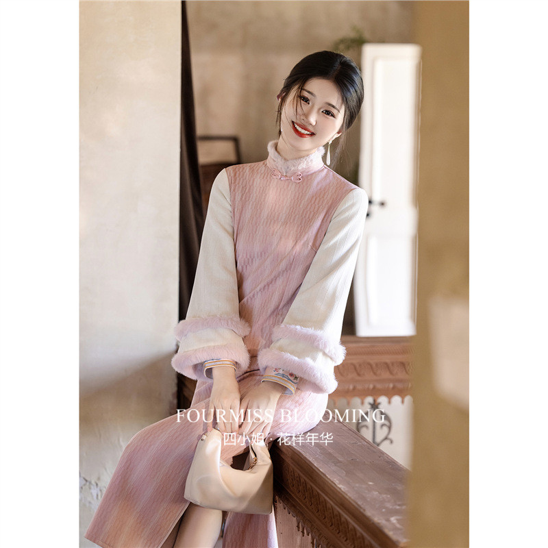 【花样年华】国风旗袍|粉色长袖女新中式冬季加绒连衣裙高端