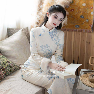 【花样年华】国风旗袍|冬季冬装加绒加厚保暖青花瓷连衣裙白色