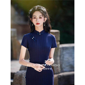 2026春夏弹力棉麻条纹复古典雅现代裙少女 国风旗袍 花样年华