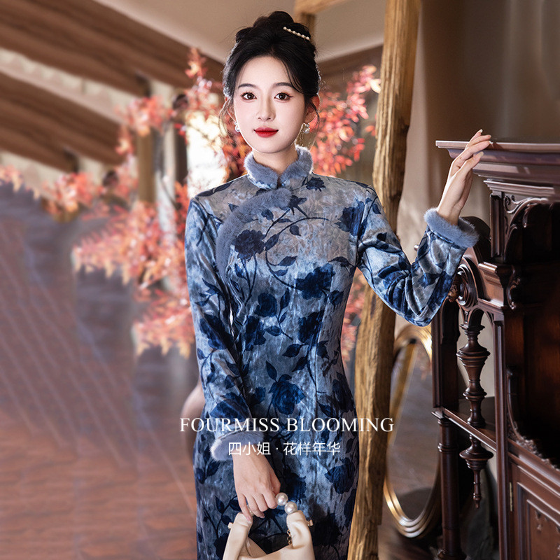 新中式绝美丝绒长袖2025冬季新款