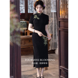 【花样年华】国风旗袍|新中式改良有袖黑色夏新款修身气质连衣裙