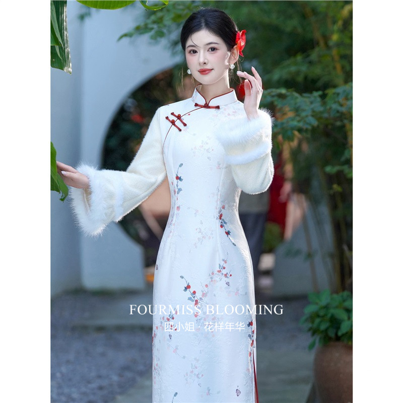 【花样年华】国风旗袍|新中式加绒加厚白色冬季倒大袖显瘦连衣裙