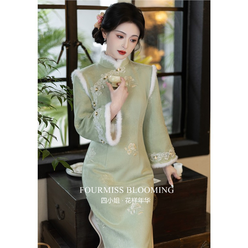 2025新款绿色麂皮绒新中式冬