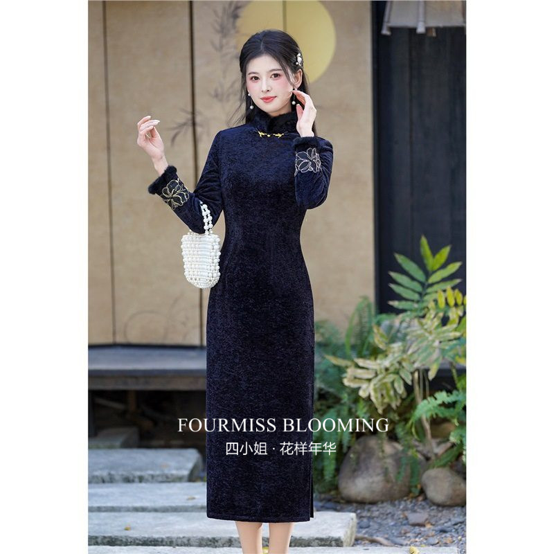 【花样年华】国风旗袍|新中式黑色长袖女冬季加绒保暖气质连衣裙