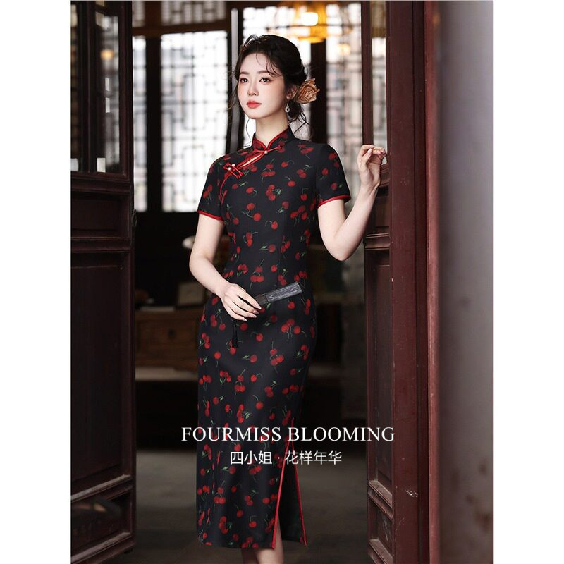 【花样年华】国风旗袍|黑底红花女长款气质礼服连衣裙复古清新风