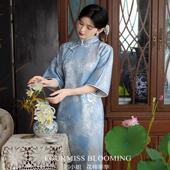 古法平裁全开襟长款 国风旗袍 蓝色旗袍复古年轻日常 花样年华