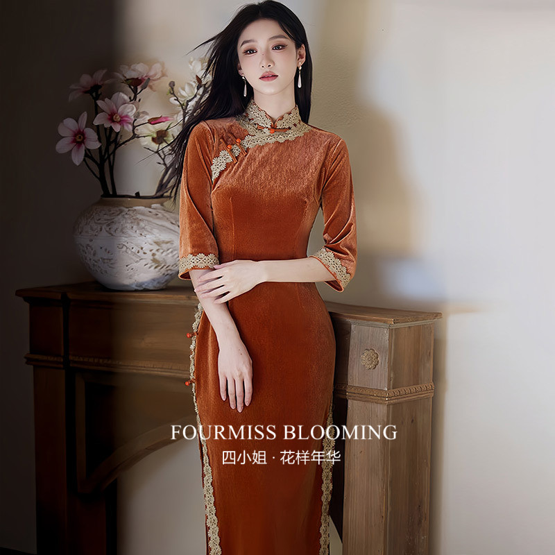 【花样年华】国风旗袍|橘色金丝绒长款长袖秋季复古修身收腰日常