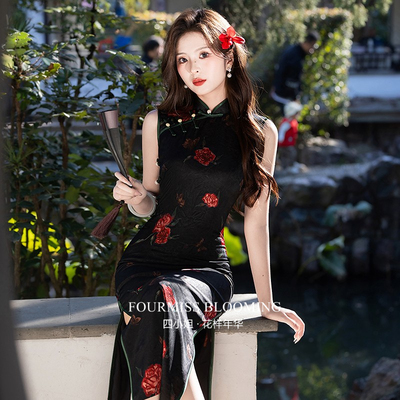 【花样年华】国风旗袍|年轻高档黑色绝美2025新款夏季收腰日常女