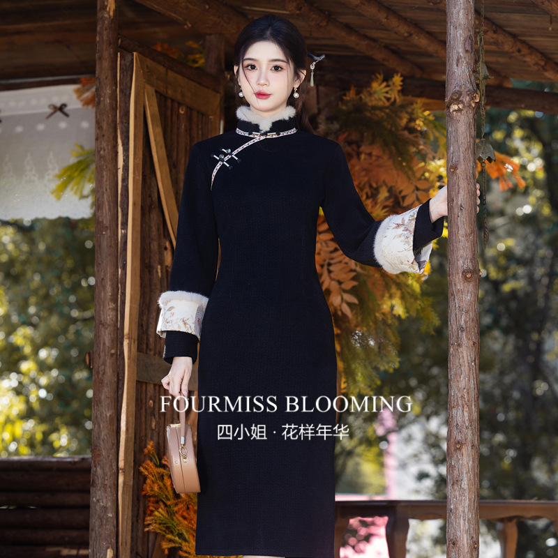 黑色加绒加厚新中式连衣裙