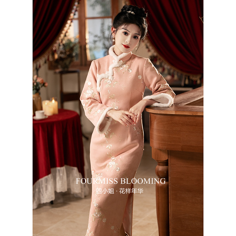 新中式粉色茶服加绒唐装