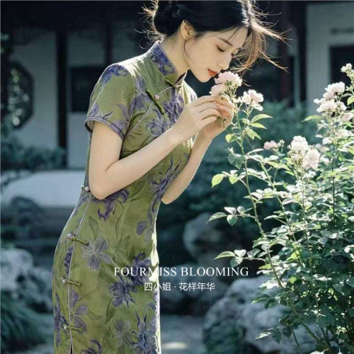 苏州砚辞新中式绿色花卉女裙