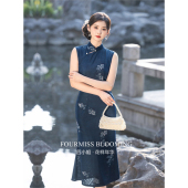 高级感单层夏季 蓝色无袖 国风旗袍 连衣裙穿新中式 花样年华