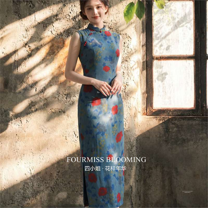 蓝底红花网纱夏长裙33
