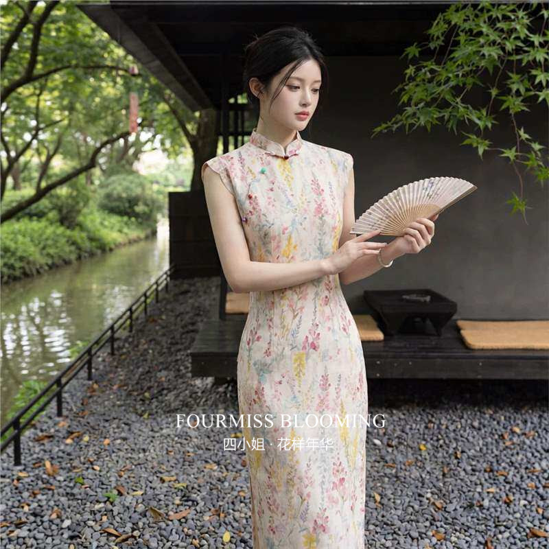 黄色波领竹节麻印花夏长裙