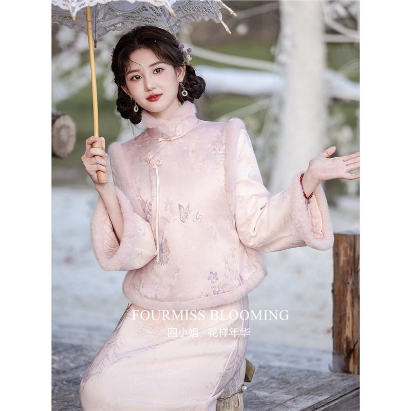 【花样年华】国风旗袍|新中式连衣裙三件套装冬长袖保暖粉色少女