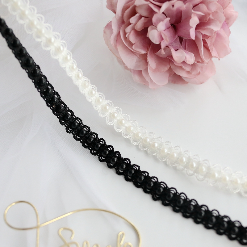 1cm小香风手工缝珠织带条 白色珍珠领子衣服花边装饰带蕾丝边辅料