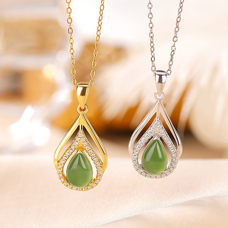 锦河畔 s925纯银镀金和田玉碧玉水滴锆石蛋面吊坠浪漫礼物时尚挂
