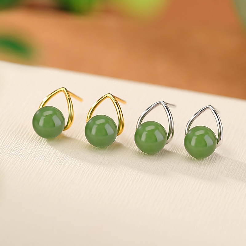 锦河畔 s925纯银镀金和田玉碧玉时尚简约几何三角圆珠耳钉气质