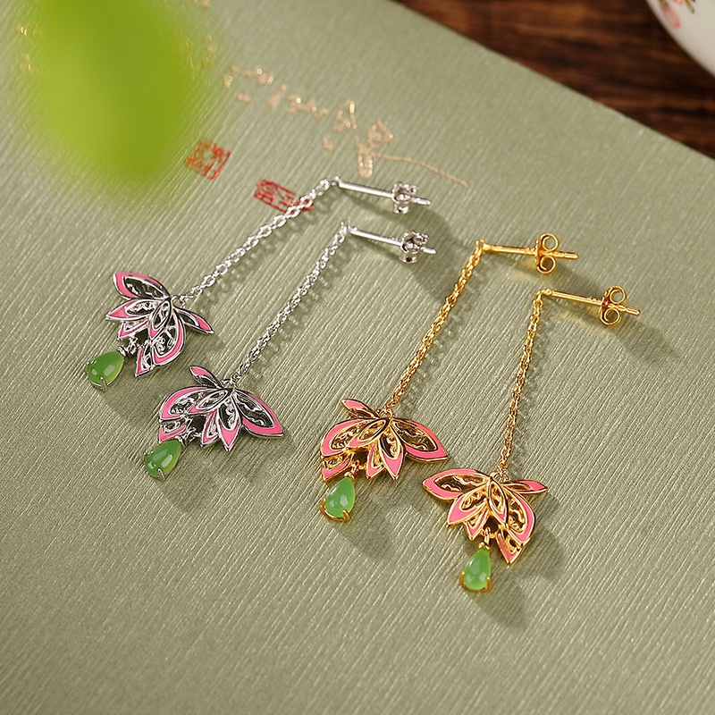 锦河畔 s925纯银镀金和田玉碧玉国潮珐琅复古莲花水滴耳钉气质