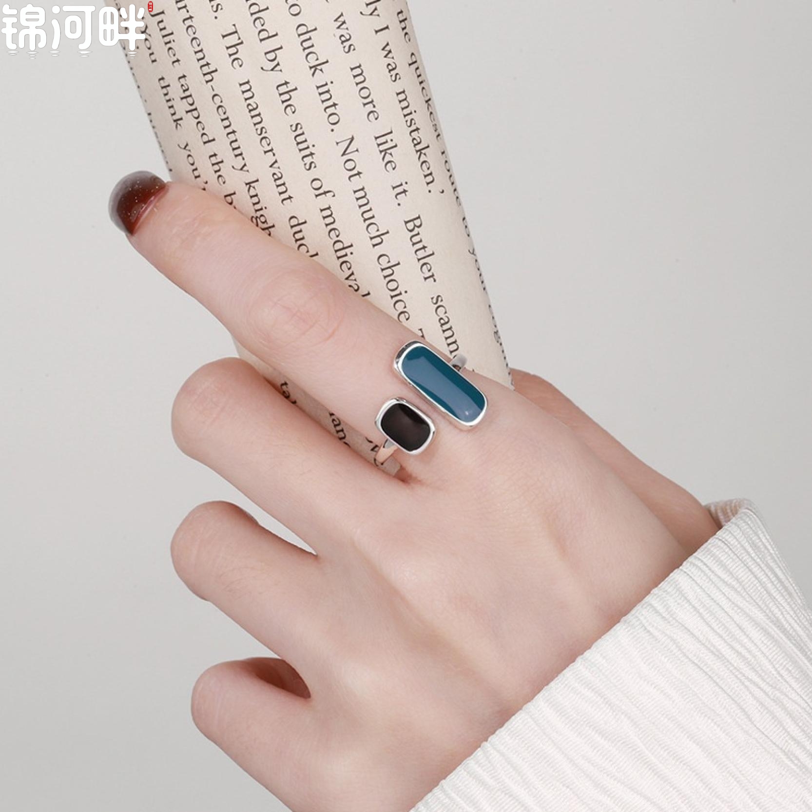 锦河畔 s925纯银法式复古小众设计感彩色滴釉几何气质时尚开口