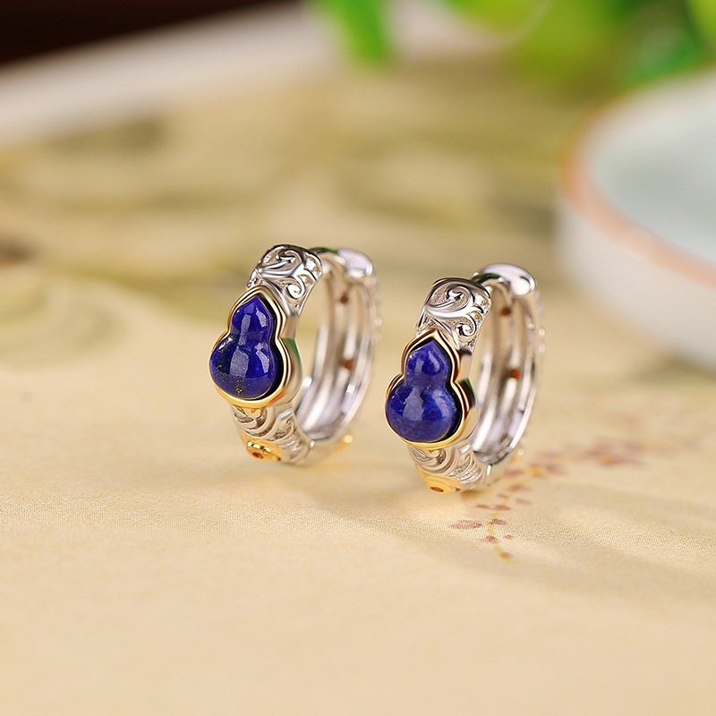 锦河畔 s925纯银镀金青金石轻奢时尚福禄葫芦耳环气质花纹耳夹