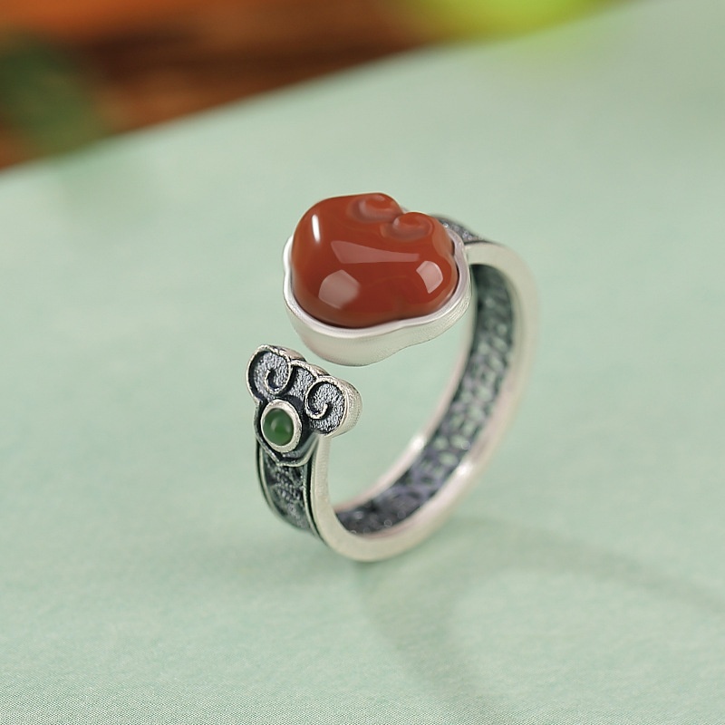 锦河畔 s925纯银南红和田玉碧玉民族风复古做旧钱币如意镂空银