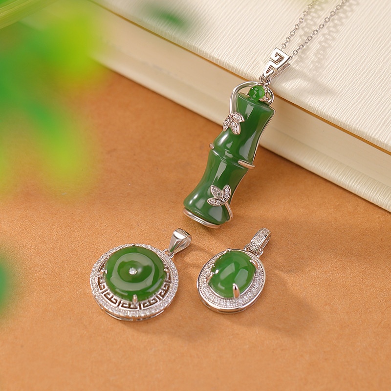 锦河畔 s925纯银和田玉碧玉复古轻奢吉祥回纹平安扣吊坠竹节银挂