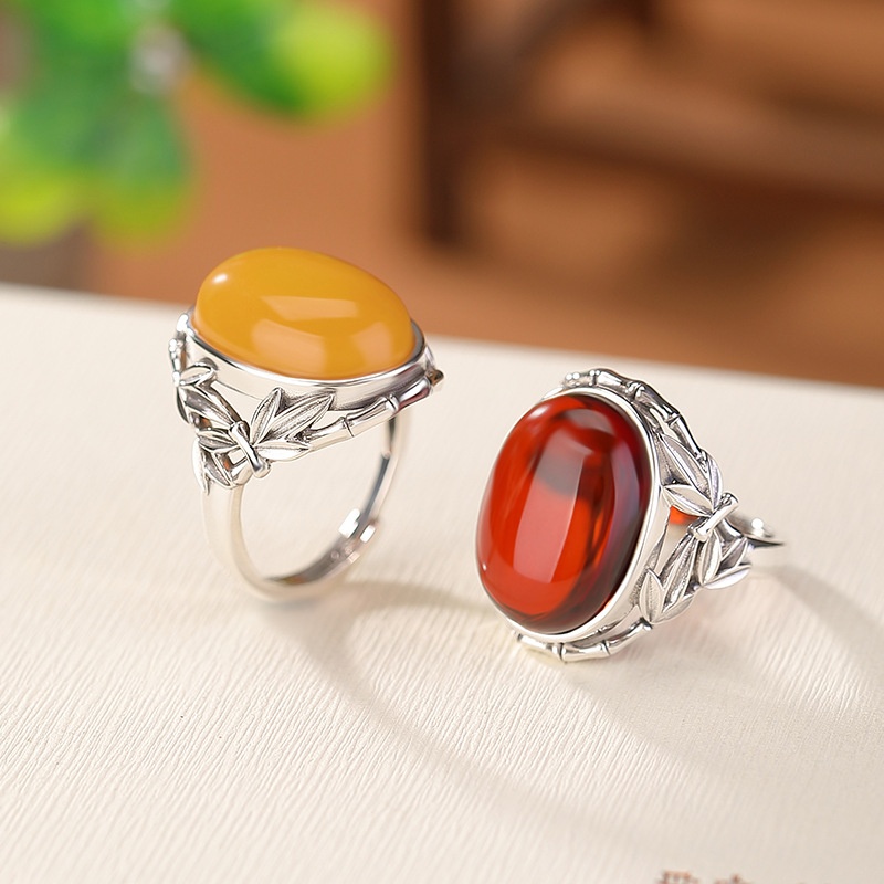 锦河畔 s925纯银蜜蜡血珀竹节竹叶蛋面戒指气质复古国风银开口