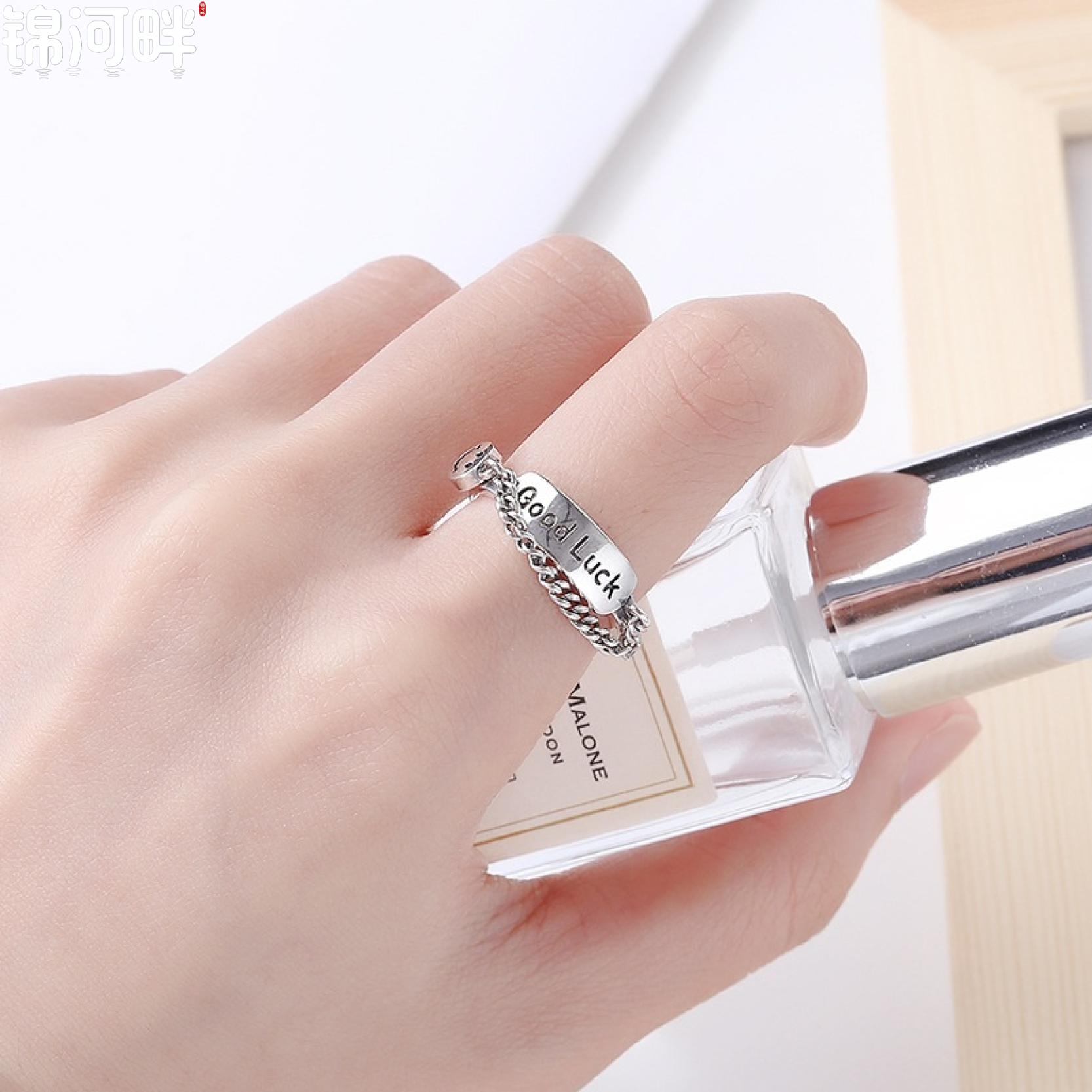 锦河畔 笑脸好运戒指s925银韩版小清新复古风链条流苏指环女韩国