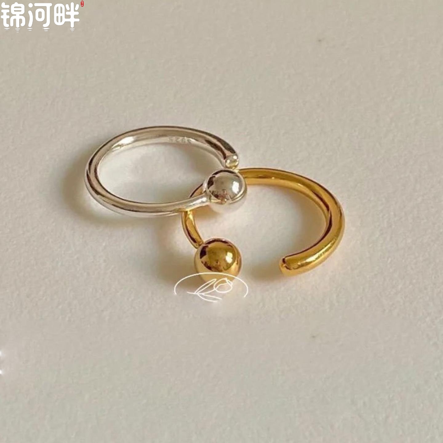 锦河畔 925纯银银珠戒指简约开口实心小球食指开口指环叠戴混搭