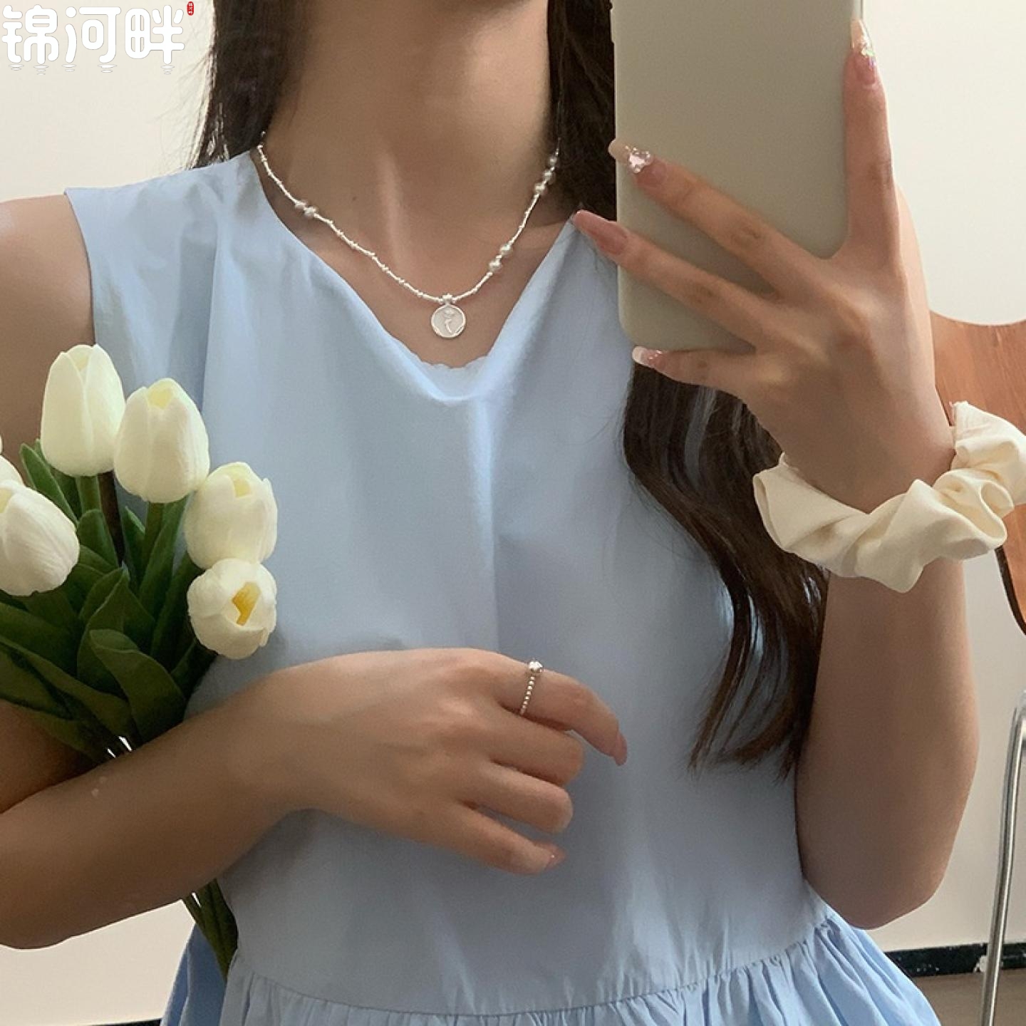 锦河畔 925纯银圆牌郁金香珍珠竹节项链女简约森系甜美花朵锁骨