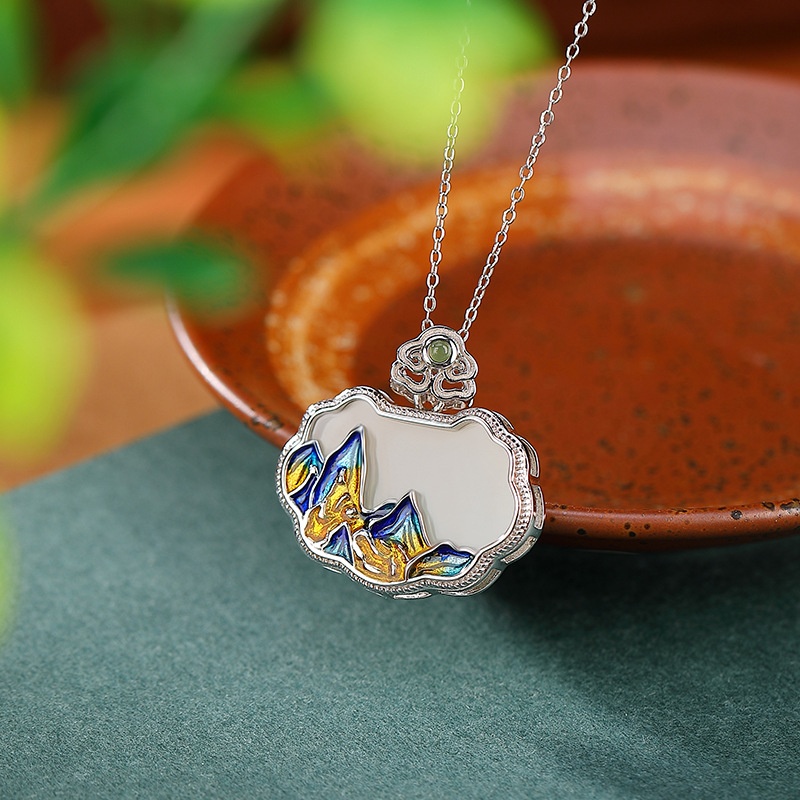 锦河畔 s925纯银和田玉碧玉国潮景泰蓝吉祥山水如意吊坠珐琅银挂