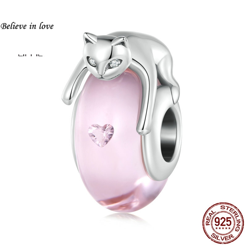 s925纯银饰品diy手工配件琉璃猫咪串珠手链粉色心形锆石可爱动物