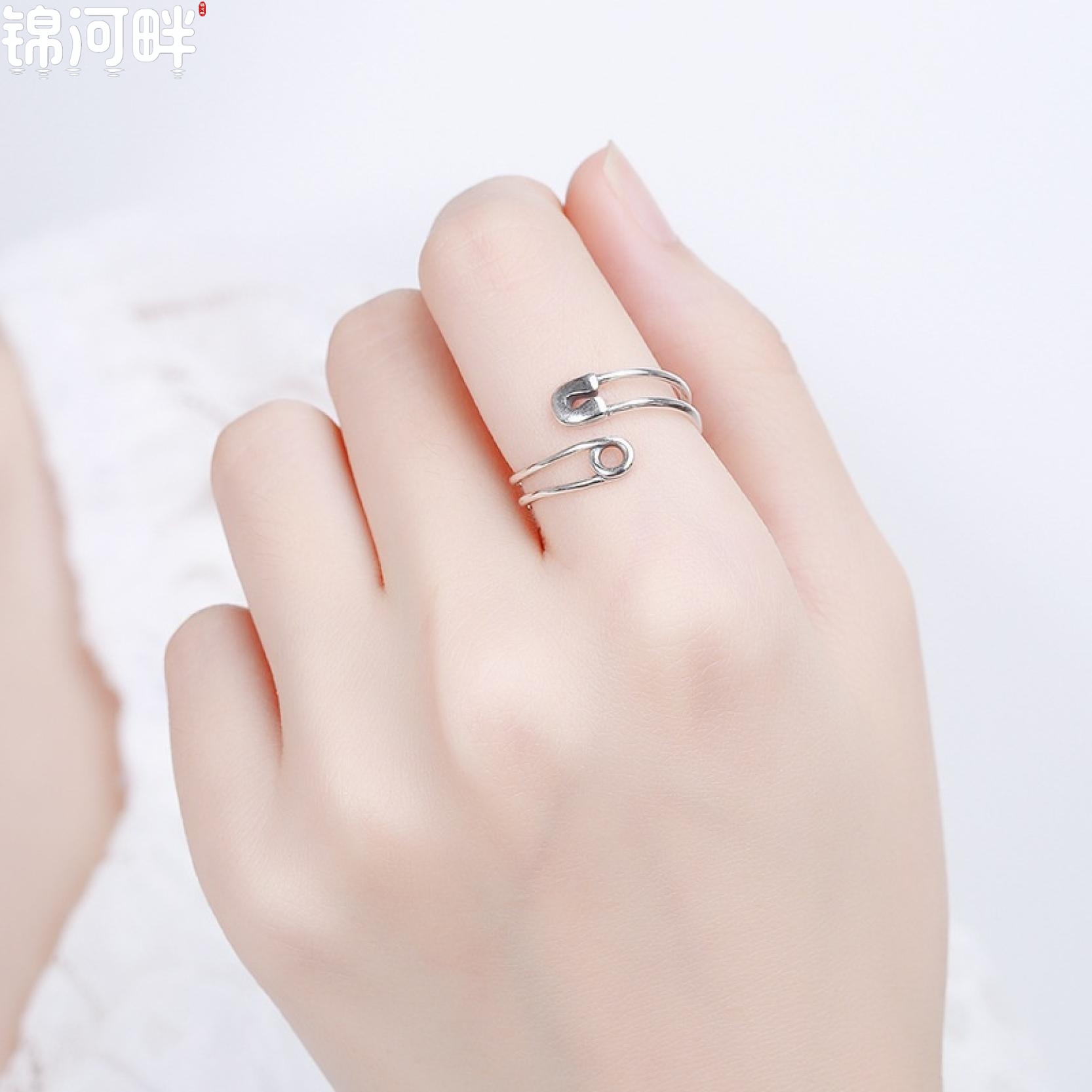 锦河畔 韩国东大门s925通体纯银复古做旧别针尾戒开口关节戒戒子