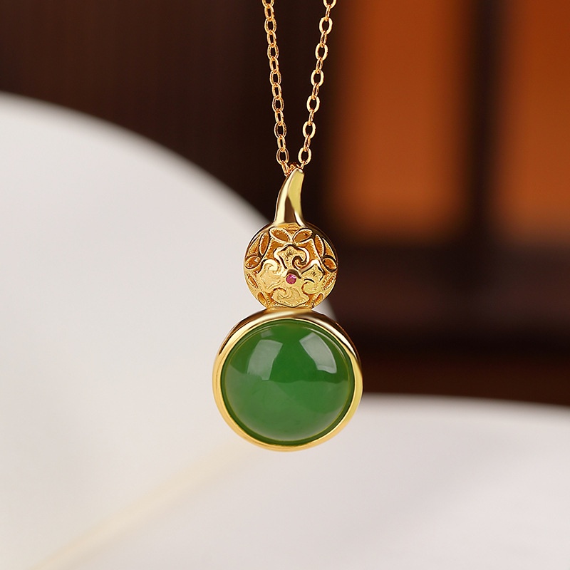 锦河畔 s925纯银镀金和田玉碧玉福禄葫芦香囊吊坠中式复古荷叶挂