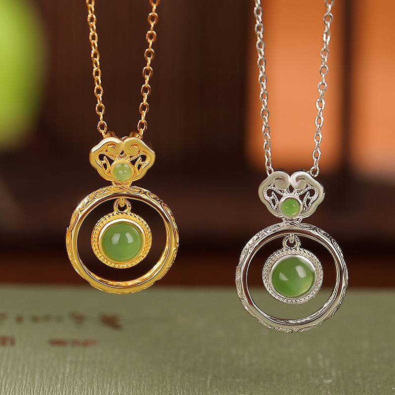 锦河畔 s925纯银镀金和田玉碧玉如意圆形吊坠新中式国风时尚女挂