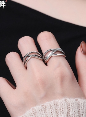 锦河畔 s925纯银欧美简约冷淡风不规则线条款缠绕时尚开口戒指女