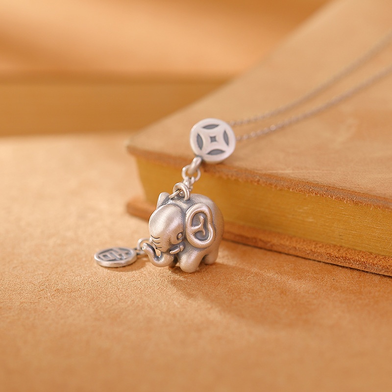 锦河畔 s990足银复古做旧吉祥小象钱币吊坠气质个性吉象百搭银挂