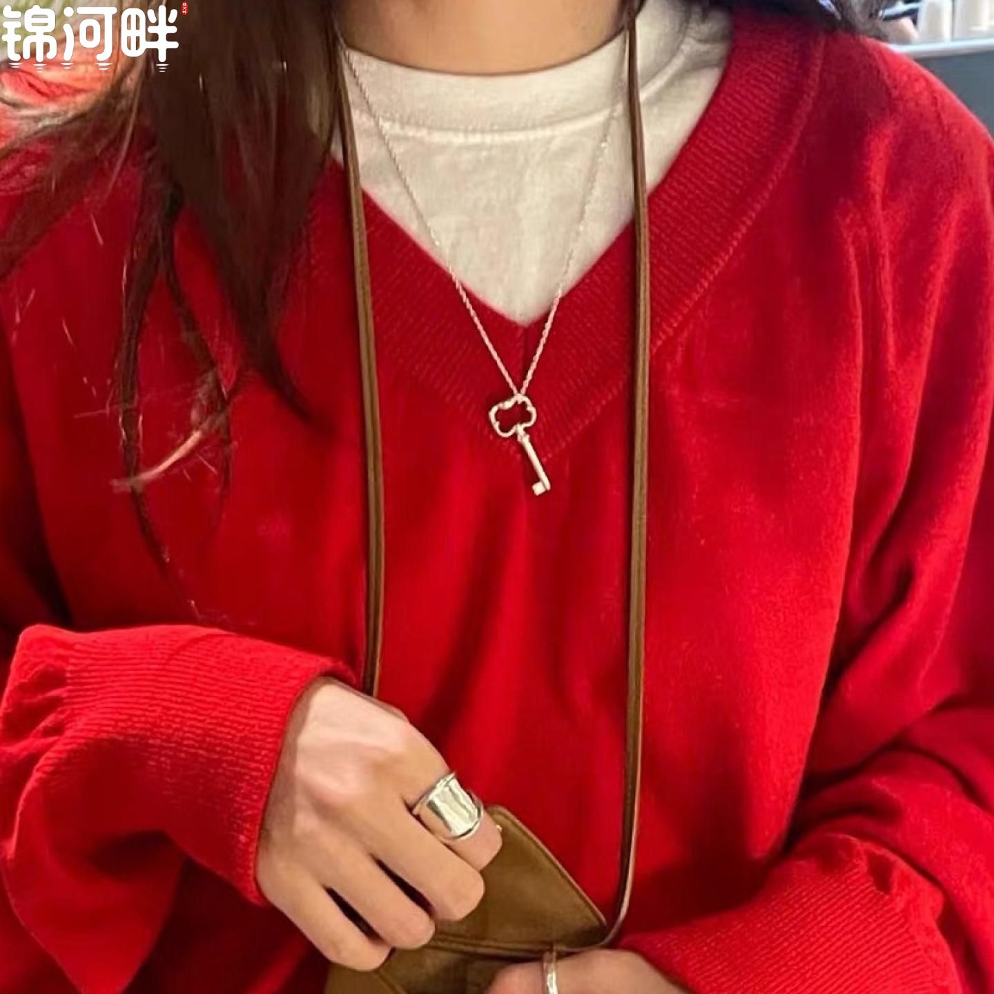 锦河畔 925纯银幸运钥匙项链ins网红时尚潮流气质小众设计毛衣链