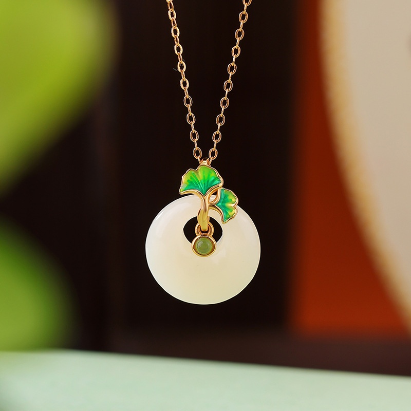 锦河畔 s925纯银镀金和田玉碧玉复古银杏叶平安扣吊坠气质百搭挂