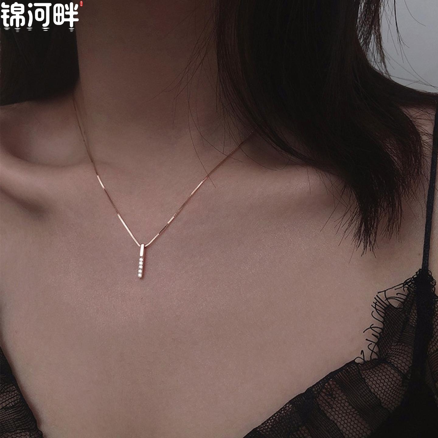 锦河畔 通体s925纯银微镶钻竖条项链简约气质锁骨颈链女7837